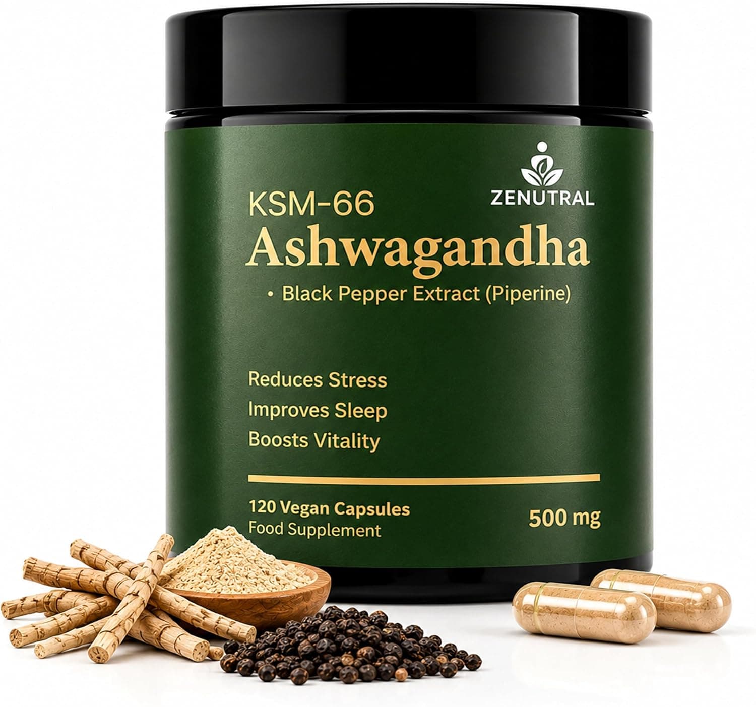 Zenutral Ashwagandha bottle with roots and capsules