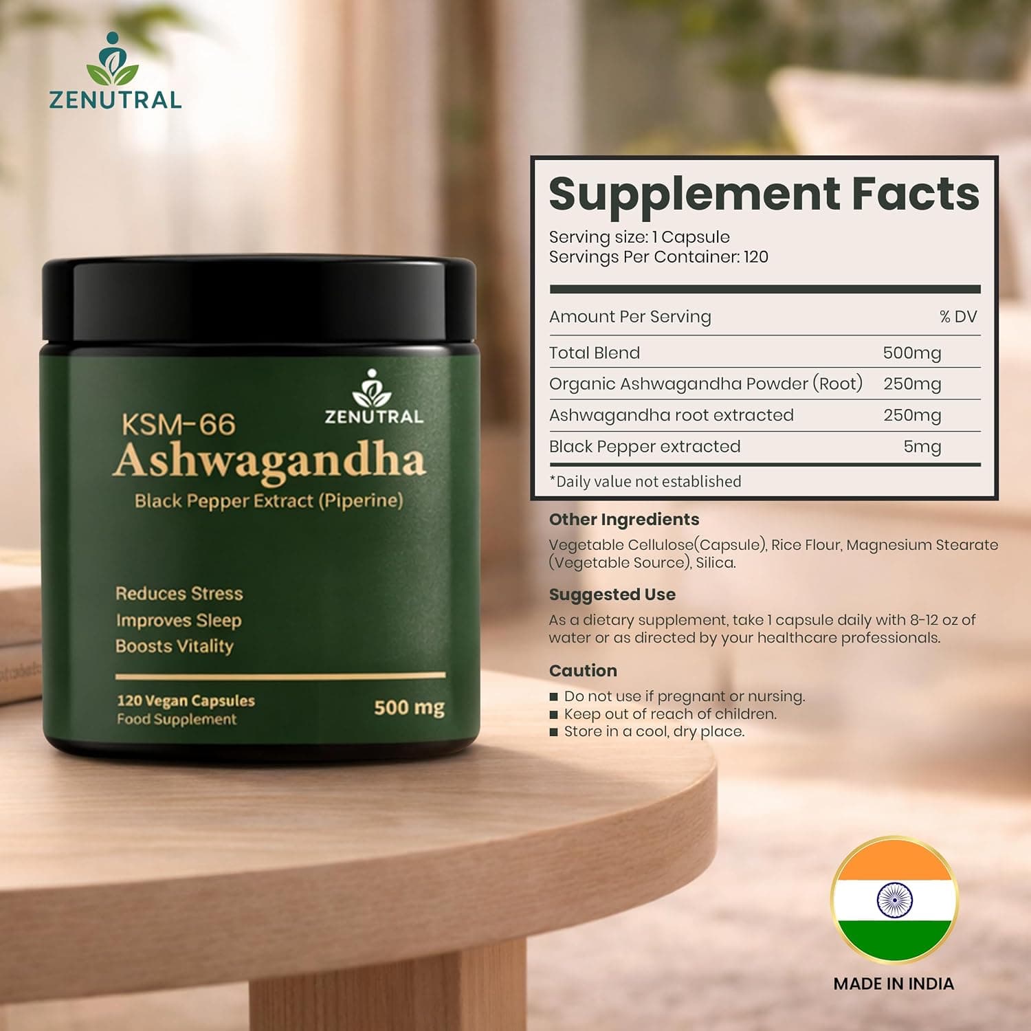 Amazon listing graphic showing the 500 mg blend as 250 mg root powder and 250 mg root extract, with 5 mg black pepper extract listed separately