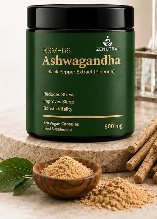 Zenutral Ashwagandha with roots and a bowl of powder