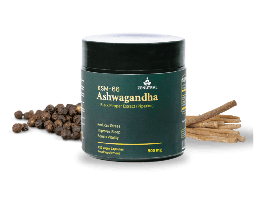 Zenutral Ashwagandha jar with ashwagandha root and black pepper