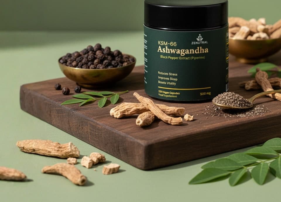 Ashwagandha root and black pepper arranged with the Zenutral formula