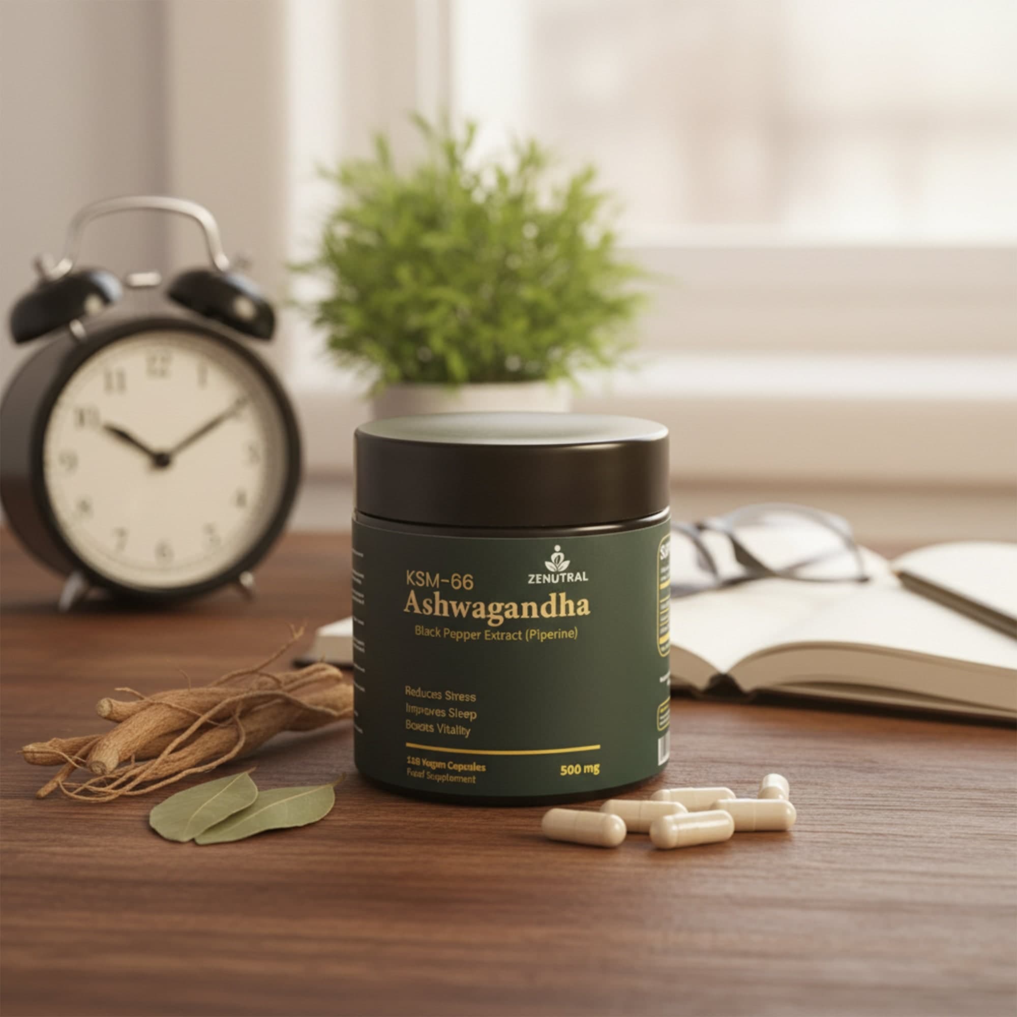 Zenutral Ashwagandha jar beside natural root on a wooden surface