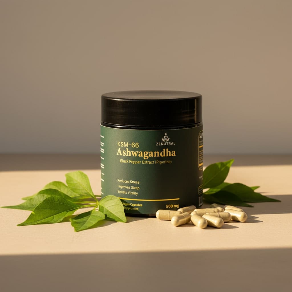 Zenutral Ashwagandha jar and capsules in natural sunlight