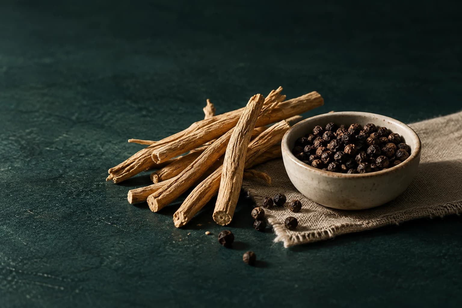 Illustration of ashwagandha roots beside a bowl of black peppercorns